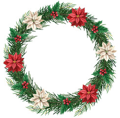 Fototapeta na wymiar Christmas watercolor wreath made of spruce branches decorated with red poinsettia flowers and berries. 