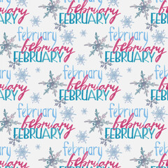 February-themed illustration on a white background, snowflakes in watercolor, February typographies written with a brush.Winter background-patterns.