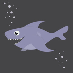 Cute little shark in cartoon style. Children's vector illustration for the design of clothes and children's accessories, for the decor of the children's room. Gray, purple, white color. Dark water. 
