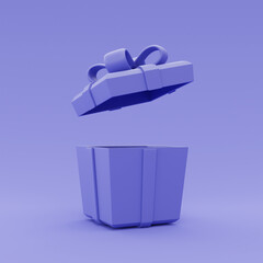 3d blank open purple gift box isolated,present box with ribbon bow,minimal style,3d rendering.
