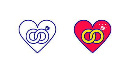Ring icon set in modern heart. Gold ring icon from modern wedding icons. Linear and red heart icon ready template. Download simple linear wedding gold vector. white background.