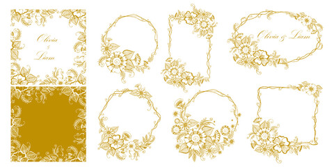 Vintage floral frames and borders set. Wedding invite with gold line flower ornament. Hand drawn greeting card or invitation design elements. Restaurant menu or party poster. Vector illustration
