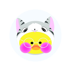 popular soft toy yellow lalafanfan duck wearing a grey kigurumi cat and round glasses on a white background