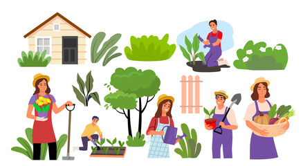 Obraz na płótnie Canvas Gardening people set vector. Man and woman planting vegetable in garden