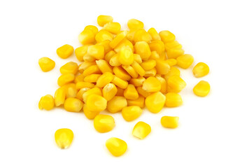 Heap of yellow sweet corn seeds isolated on white background