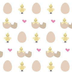 Vector easter cute pattern with eggs and chicken on white background. 