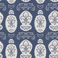 French fleur de lis royal lily seamless pattern. Farmhouse cottage background. Lilies lys flower flourish motif allover rustic damask. © Limolida Studio