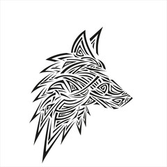 Vector black illustration of  wolf head in profile with black geometric pattern for your design.