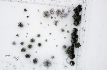 Top view of the winter snow forest with fields