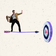 Creative design. Businessman, manager flying, balancing on arrow and reaching goal, success