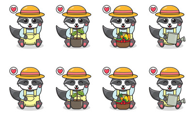 Vector Illustration of Cute sitting Raccoon cartoon with Farmer costume and hand up pose. Set of cute little Raccoon characters. Collection of funny little Raccoon isolated on a white background.