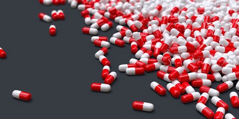 red and white pharmaceuticals drugs capsules 3D computer generated