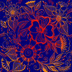 Seamless pattern with flowers and leaves. Hand drawn vector illustration