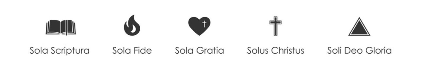 Five solae of the Protestant Reformation set icon. Sola scriptura,  fide, gratia, Solus Christus and Soli Deo gloria. Christian vector isolated