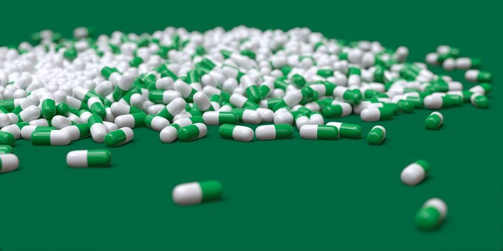 green and white pharmaceuticals capsules 3D computer generated isolated on green background