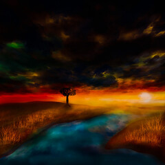 Obraz na płótnie Canvas drawing of a savanna landscape with a lone tree and a river