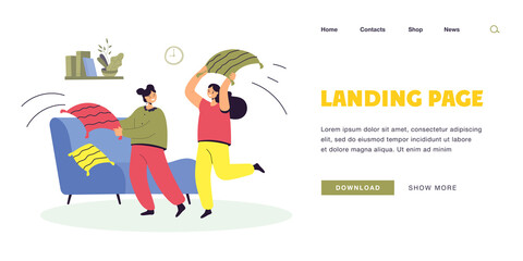 Cartoon girls fighting with pillows in living room. Flat vector illustration. Happy female characters spending time together, playing, laughing. Home party, joke, fun, friendship, feminine concept