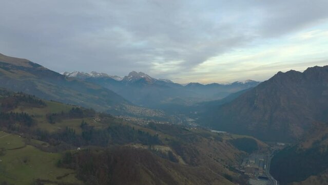 Beautiful aerial view of the Seriana valley and its mountains at sunrise, Orobie Alps, Bergamo, Italy