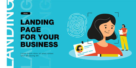 Personality biometric recognition for female employee. Tiny person using office ID card badge, unique fingerprint and facial authorization flat vector illustration. Safety, personality concept