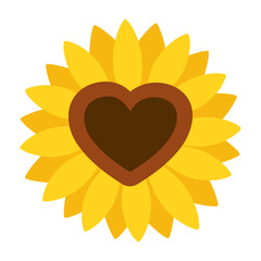 One sunflower with heart shape in flat vector style.