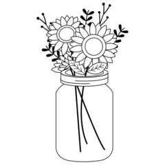 Sunflower in jar or vase in flat vector style. Illustration about flower, floral theme.