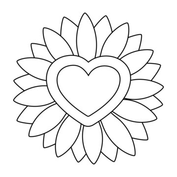 recommend clip art: One sunflower with heart shape. Illustration about flower floral in outline and line art style.