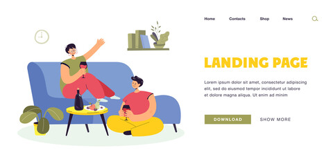 Happy couple enjoying romantic evening at home. Flat vector illustration. Man and woman sitting on couch and floor, drinking champagne, eating fruits together. Date, love, comfort, dinner concept