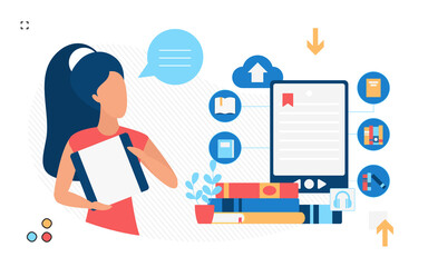 Remote software based teaching virtual course platform. Digital learning materials features and devices