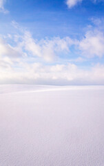 Beautiful empty winter landscape. White plains, fields and meadows on a frosty sunny day. Calm polar background for design and tourist advertising
