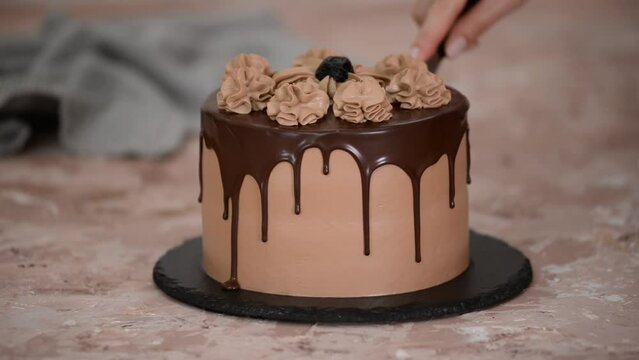 Pastry chef cuts chocolate cake with knife.