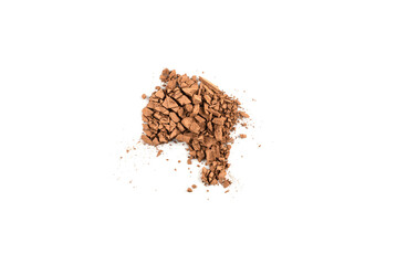 Makeup cosmetics. Eyeshadow in brown color crushed palette, colorful eye shadow powder on white background