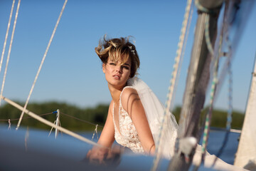 bride on a sailing yacht. High quality photo