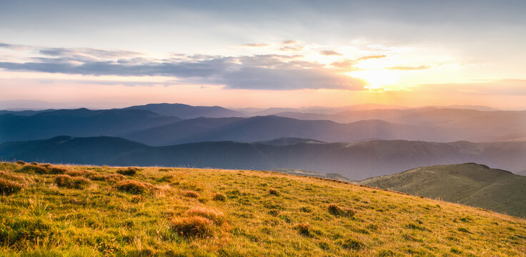 Beautiful evening with sun light. Beautiful summer landscape in the mountains. © lesia