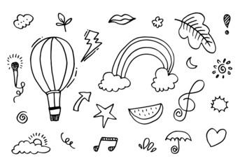 hand-drawn kids doodle set on white background.