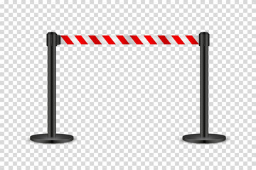 Realistic retractable belt stanchion on transparent background. Crowd control barrier posts with caution strap. Queue lines. Restriction border and danger tape. Vector illustration.