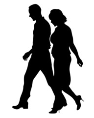 Young man and woman are standing next to each other. Isolated silhouette on a white background