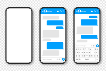 Realistic smartphone with messaging app. Blank SMS text frame. Conversation chat screen with blue message bubbles. Social media application. Vector illustration. - obrazy, fototapety, plakaty