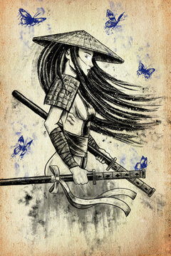 A girl in a Japanese wide hat holds two sheathed katanas in her hands