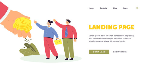 Giant hand giving out salary to tiny workers. Flat vector illustration. Cartoon man and woman getting money incentive, bonus or corporate offer. Business, growth, investment, satisfaction concept
