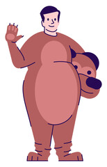 Man wearing bear costume semi flat RGB color vector illustration. Entertainment industry career. Professional costume character performer isolated cartoon character on white background