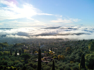 French morning with sea of clouds down the hill