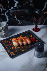 sushi with corn chips and decorations