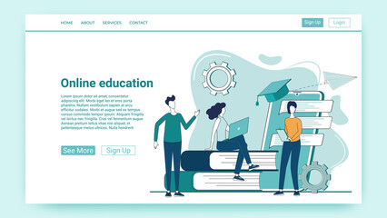 Online education.Video lessons and distance education.Remote lessons.An illustration in the style of a green landing page.