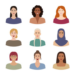 Set of women with different hairstyles, skin colors, races, ages. Diverse portraits of smiling, cheerful women isolated on white. Variations of female facial expressions. Flat vector illustration.