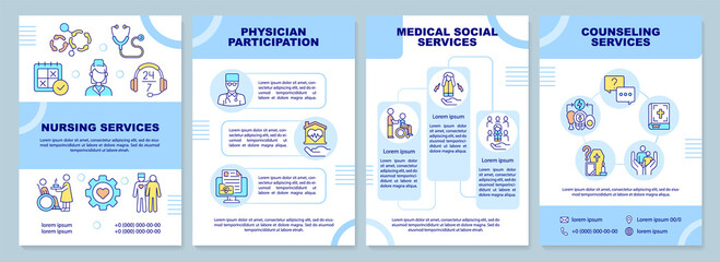 Hospice care includes blue brochure template. Patient support. Leaflet design with linear icons. 4 vector layouts for presentation, annual reports. Arial-Black, Myriad Pro-Regular fonts used