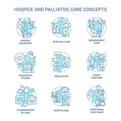 Hospice and palliative care turquoise concept icons set. Patient service. Medicine and healthcare idea thin line color illustrations. Isolated symbols. Roboto-Medium, Myriad Pro-Bold fonts used