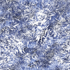 Seamless vintage pattern, blue flowers,Plant in watercolor. Mimosa, acacia and other plants on a branch. Blossoming acacia or caragana tree. Fashionable background. Abstract splash of paint. 