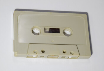 Audio cassette. Retro music medium, compact cassette tape recorder.