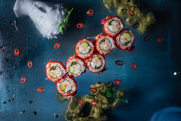sushi in weightlessness, statues under clear glass