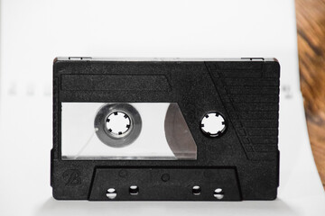 Audio cassette. Retro music medium, compact cassette tape recorder.